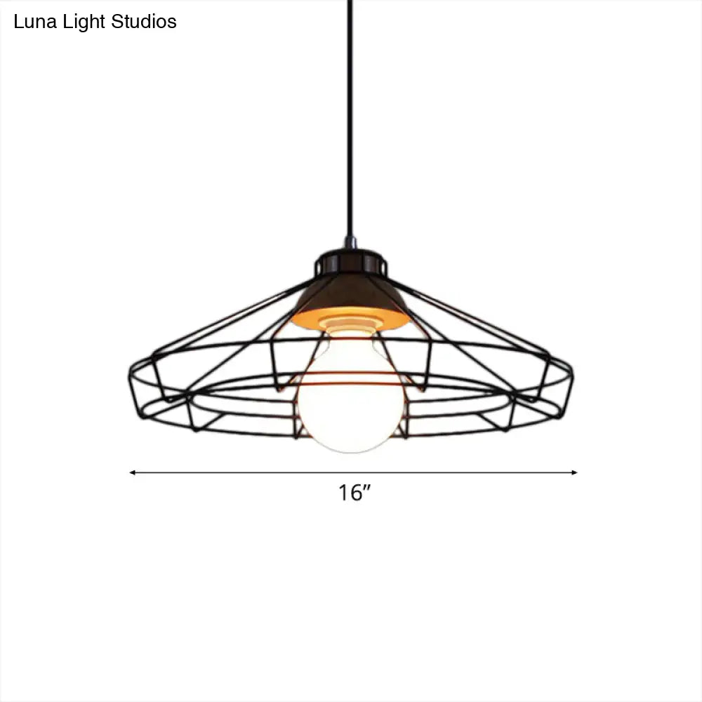 Retro Metal Pendant Light With Barrel/Cylinder Cage Shade - Bedroom Hanging Lamp In Black