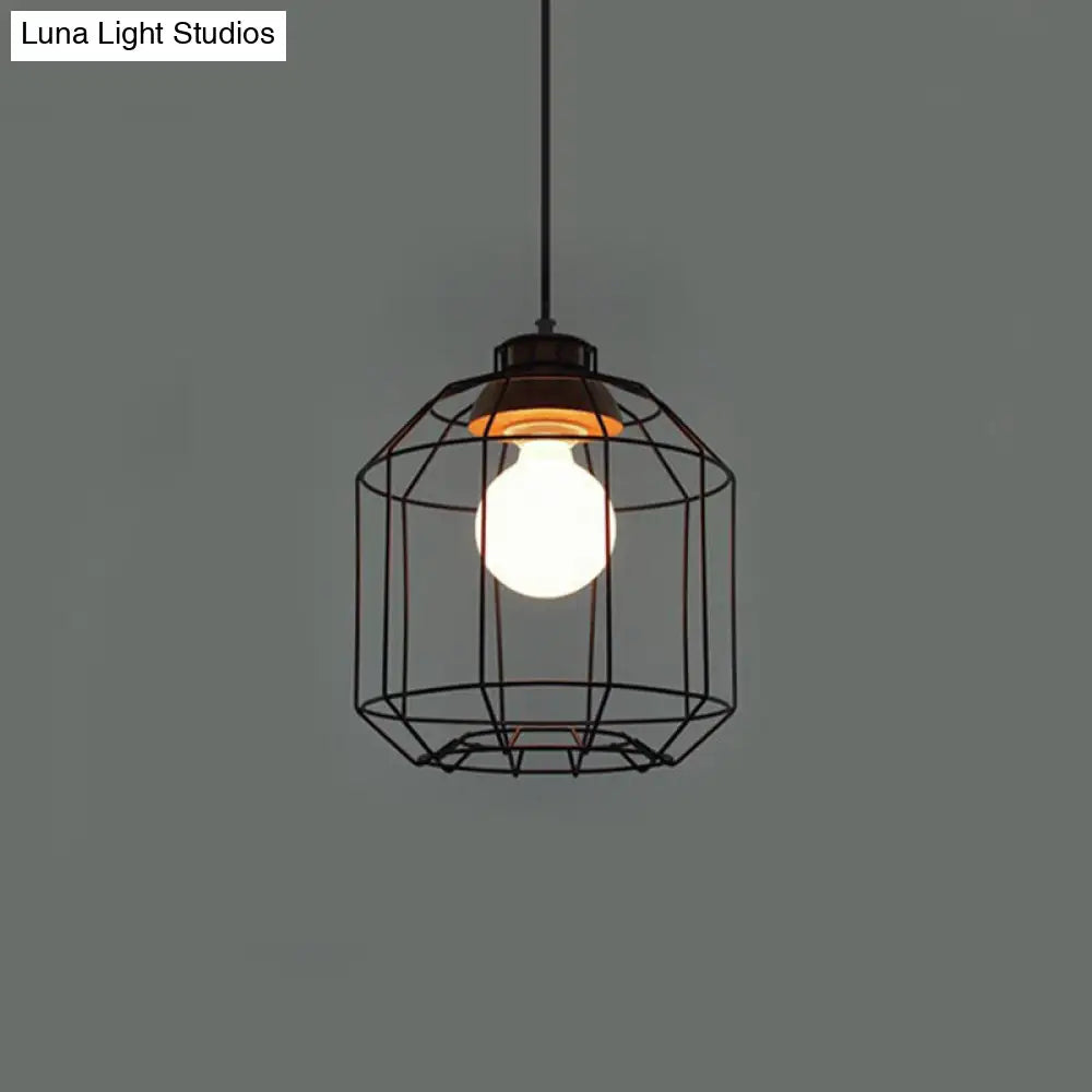 Vintage Black Hanging Pendant Light With Metal Cage Shade For Bedroom - Retro Style Lamp