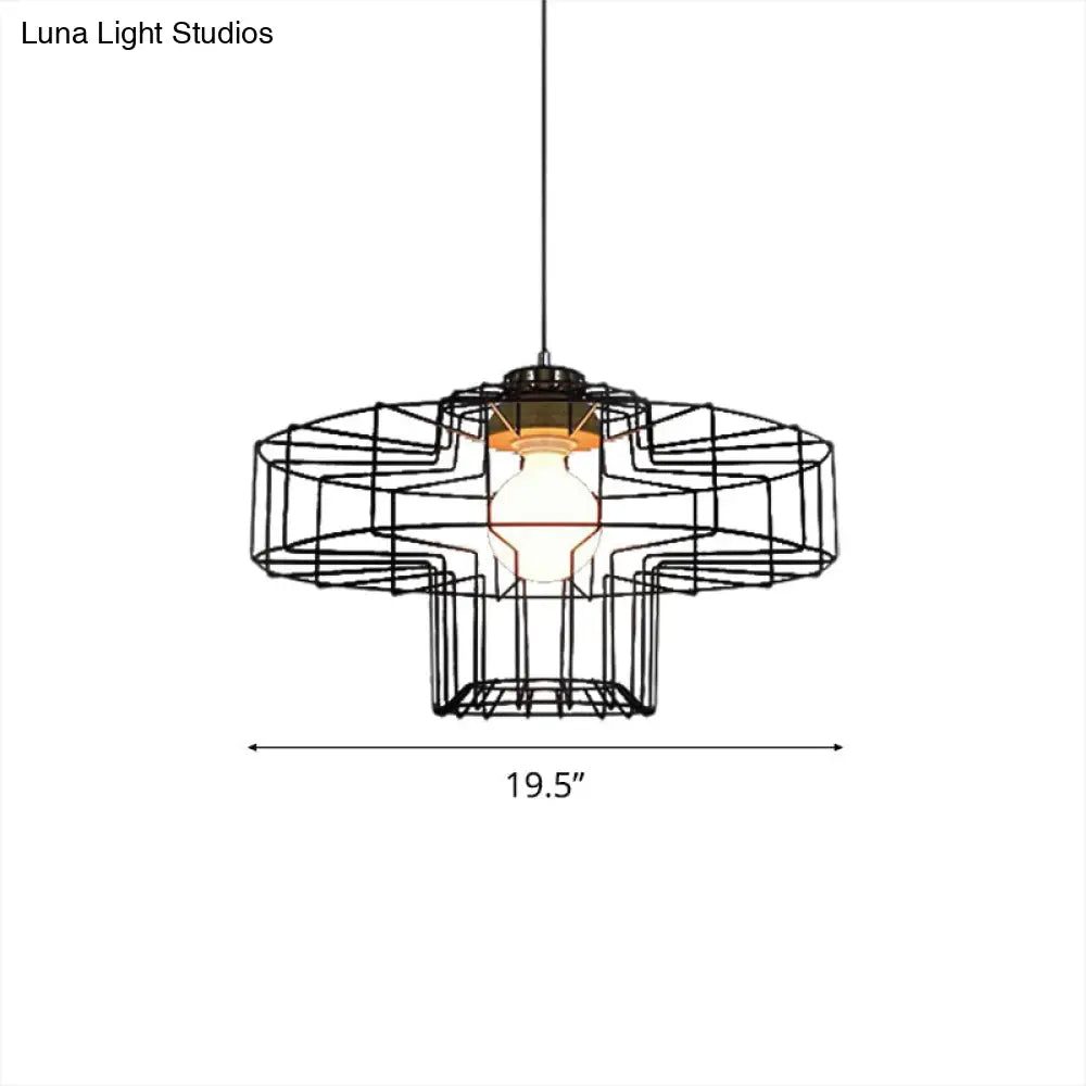 Vintage Black Hanging Pendant Light With Metal Cage Shade For Bedroom - Retro Style Lamp