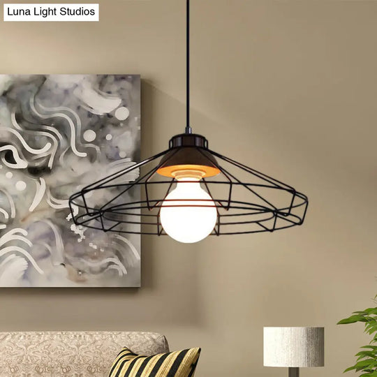 Vintage Black Hanging Pendant Light With Metal Cage Shade For Bedroom - Retro Style Lamp / Saucer
