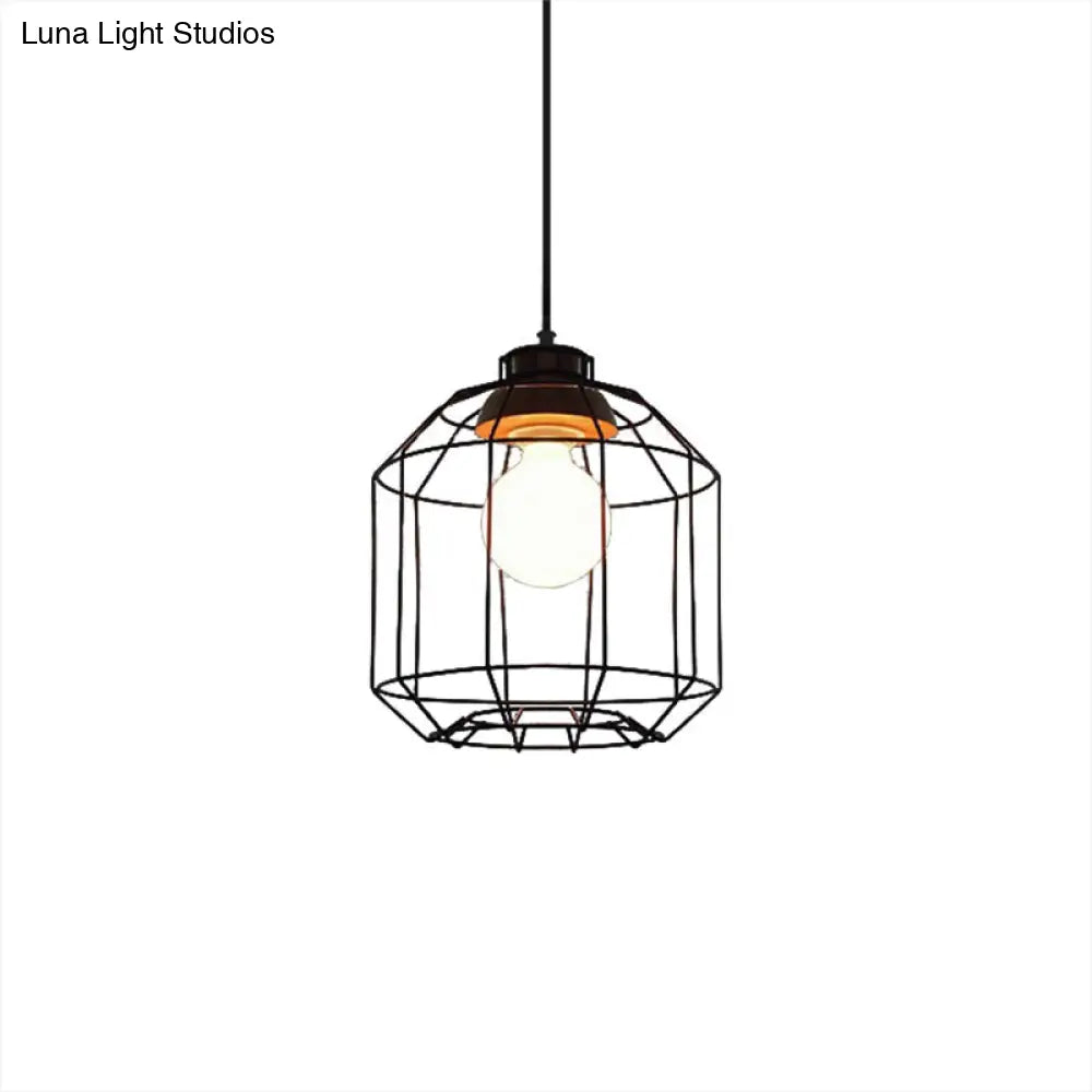 Vintage Black Hanging Pendant Light With Metal Cage Shade For Bedroom - Retro Style Lamp