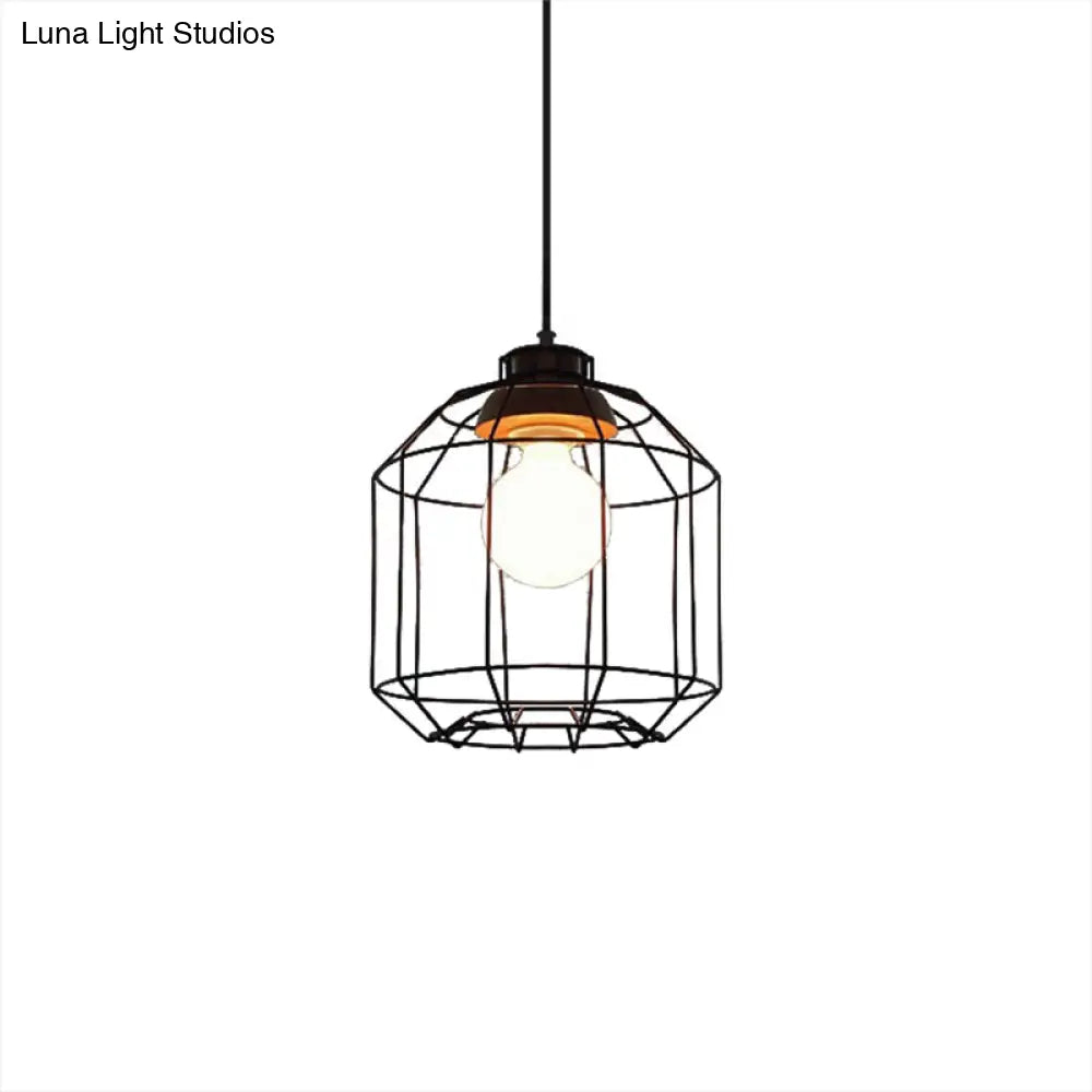 Retro Metal Pendant Light With Barrel/Cylinder Cage Shade - Bedroom Hanging Lamp In Black