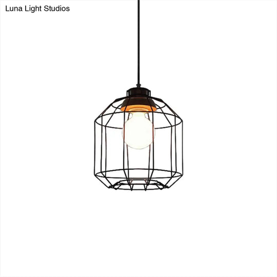 Retro Metal Pendant Light With Barrel/Cylinder Cage Shade - Bedroom Hanging Lamp In Black