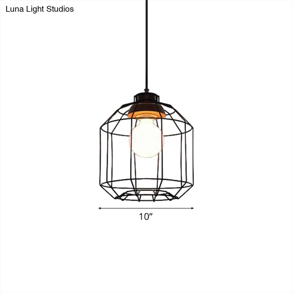 Retro Metal Pendant Light With Barrel/Cylinder Cage Shade - Bedroom Hanging Lamp In Black