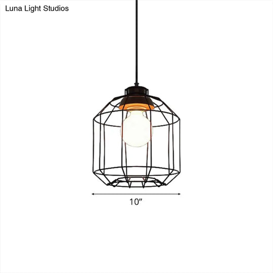 Retro Metal Pendant Light With Barrel/Cylinder Cage Shade - Bedroom Hanging Lamp In Black