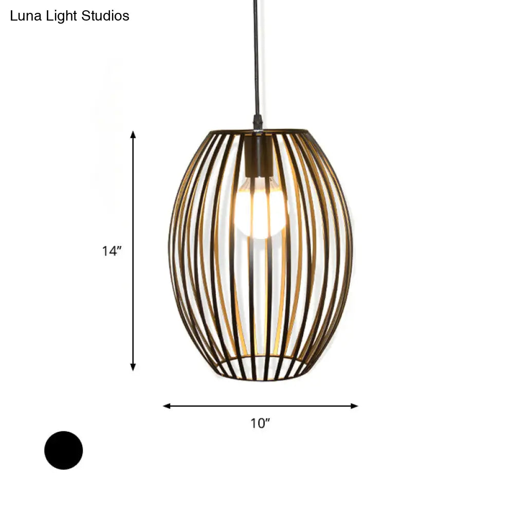 Black Retro Style Hanging Pendant Light With Metal Oval Cage Shade - Bedroom Ceiling Fixture