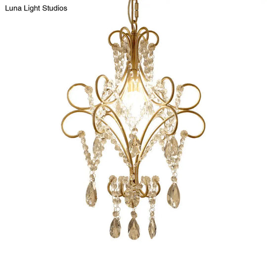 Retro Metal Prism Hanging Lamp Brass Pendant With Crystal Teardrop - 1 Bulb Lighting Fixture