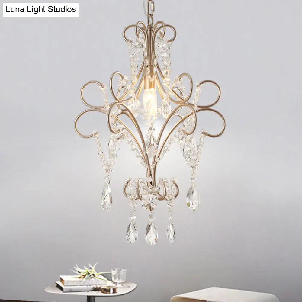 Retro Metal Prism Hanging Lamp Brass Pendant With Crystal Teardrop - 1 Bulb Lighting Fixture