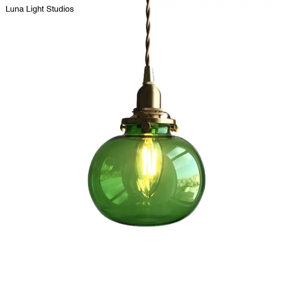 Retro Mini Hanging Light With Oval Green Glass Drop Pendant In Brass