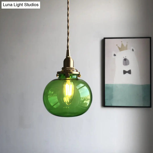Retro Brass Mini Hanging Light - Oval Green/Clear Glass Drop Pendant 1 Head Dining Table