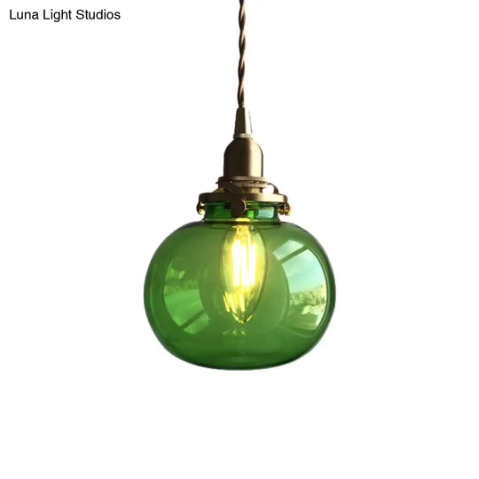 Retro Brass Mini Hanging Light - Oval Green/Clear Glass Drop Pendant 1 Head Dining Table