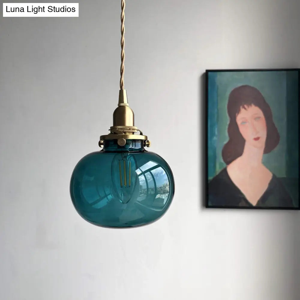 Retro Brass Mini Hanging Light - Oval Green/Clear Glass Drop Pendant 1 Head Dining Table Blackish