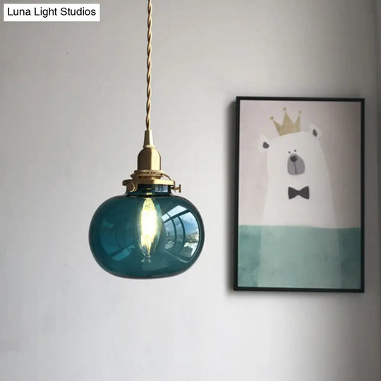 Retro Brass Mini Hanging Light - Oval Green/Clear Glass Drop Pendant 1 Head Dining Table