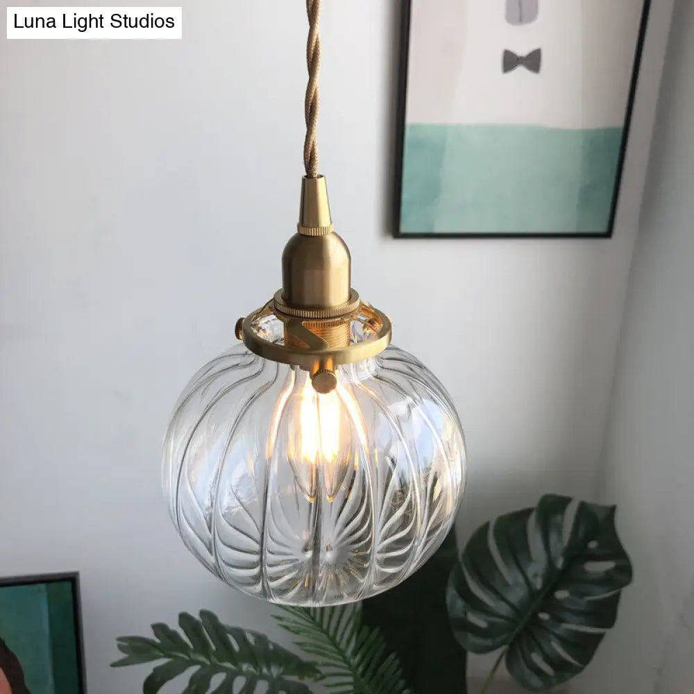 Retro Brass Mini Hanging Light - Oval Green/Clear Glass Drop Pendant 1 Head Dining Table
