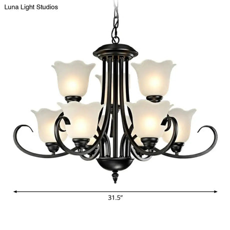 Retro Opal Frosted Glass Flower Chandelier In Black Finish: Elegant Hanging Light For Living Room