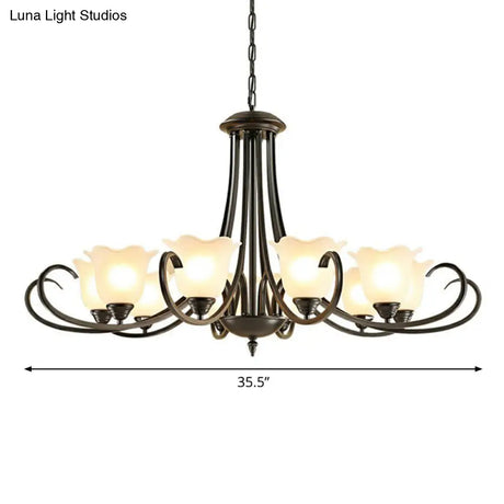 Retro Opal Frosted Glass Flower Chandelier In Black Finish: Elegant Hanging Light For Living Room