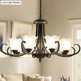 Retro Opal Frosted Glass Flower Chandelier In Black Finish: Elegant Hanging Light For Living Room