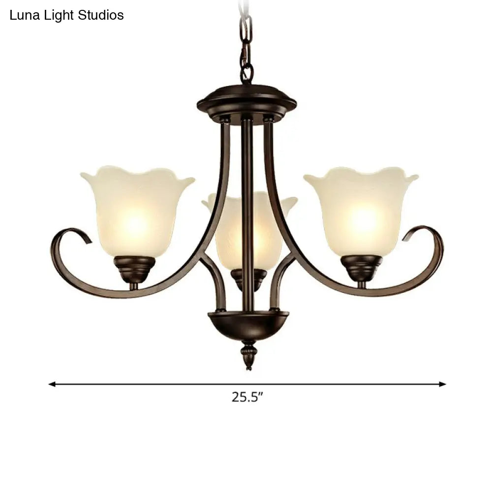 Retro Opal Frosted Glass Flower Chandelier In Black Finish: Elegant Hanging Light For Living Room