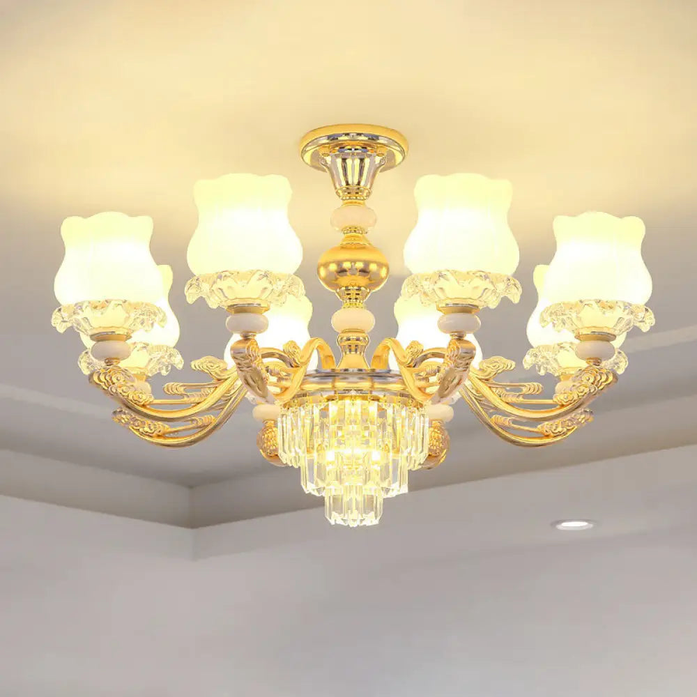 Retro Opal Glass Bud Pendant Light With Crystal Decor - Gold Chandelier Fixture 8 /