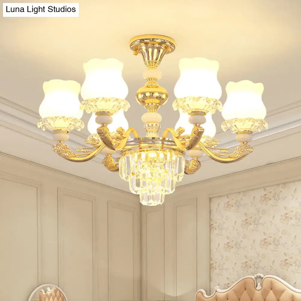 Retro Opal Glass Bud Pendant Light With Crystal Decor - Gold Chandelier Fixture