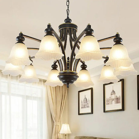 Retro Opal Glass Flower Chandelier In Black | Pendant Light Fixture For Living Room 10 / Down