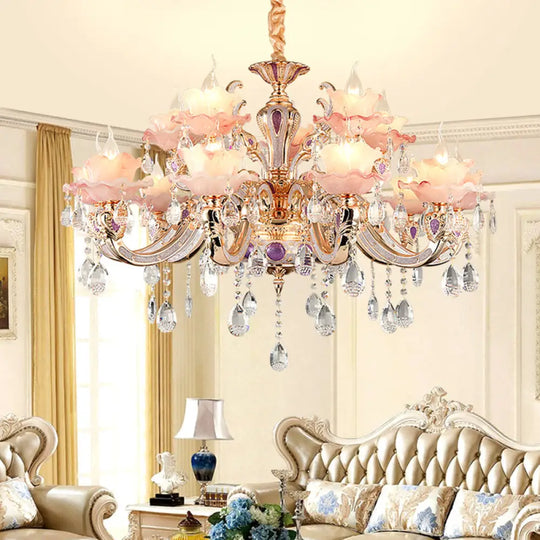 Retro Pink Floral Chandelier Pendant Light With Ruffle Accents Opaque Glass & Hanging Crystal For