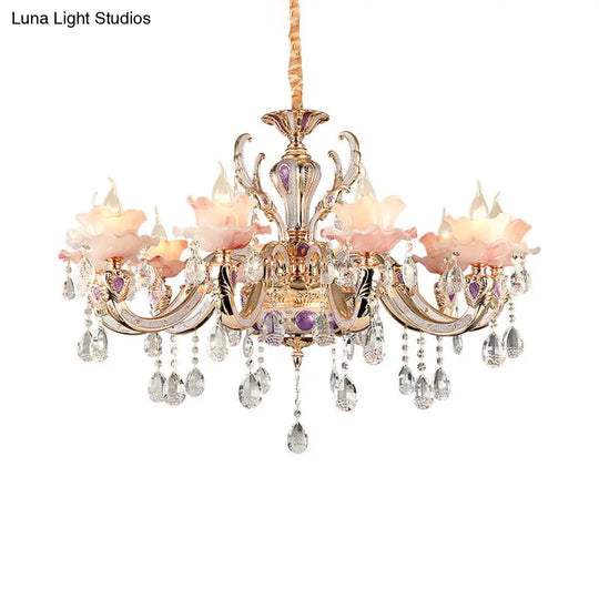 Retro Pink Floral Chandelier Pendant Light With Ruffle Accents Opaque Glass & Hanging Crystal For