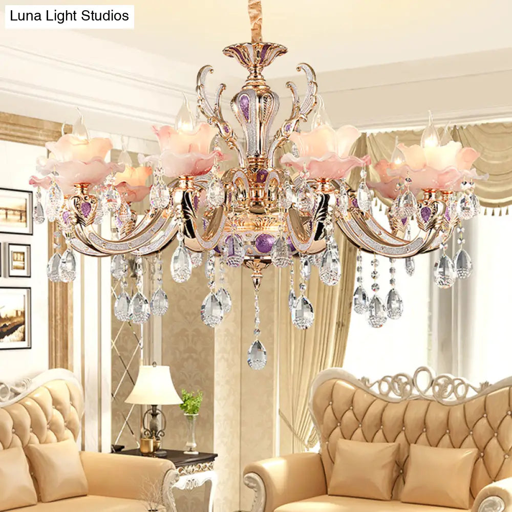Retro Pink Floral Chandelier Pendant Light With Ruffle Accents Opaque Glass & Hanging Crystal For