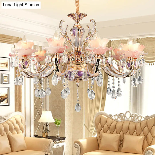 Retro Pink Floral Chandelier Pendant Light With Ruffle Accents Opaque Glass & Hanging Crystal For