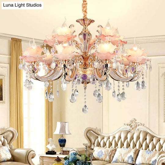Retro Pink Floral Chandelier Pendant Light With Ruffle Accents Opaque Glass & Hanging Crystal For