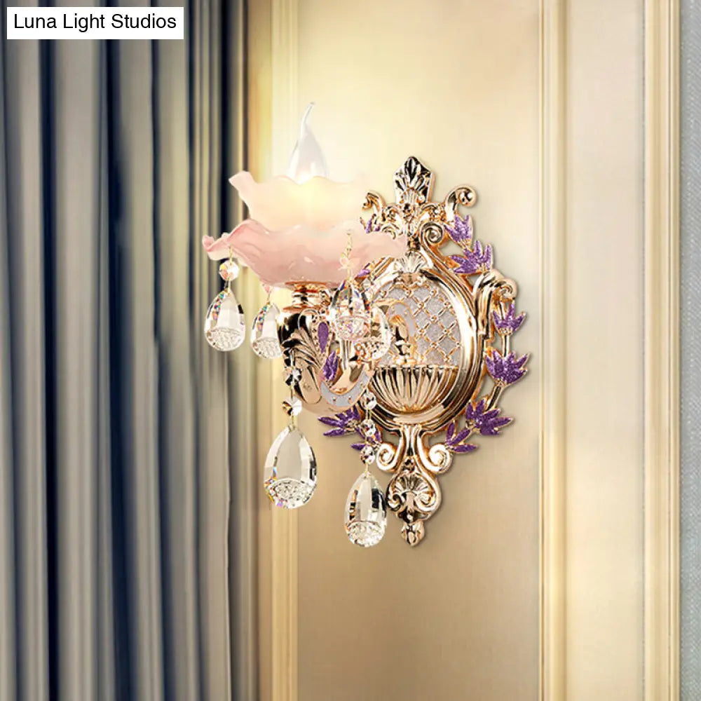 Retro Pink Floral Chandelier Pendant Light With Ruffle Accents Opaque Glass & Hanging Crystal For