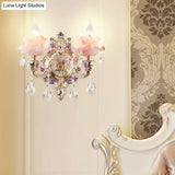 Retro Pink Glass Wall Lamp With Gold Floral Ruffle Design - Elegant Living Room Light Fixture