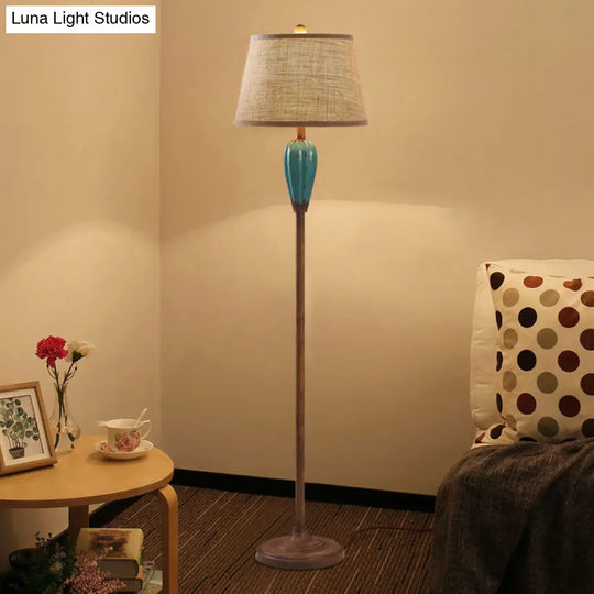Retro Porcelain Urn Shape Floor Lamp With Fabric Shade - Red/Blue
