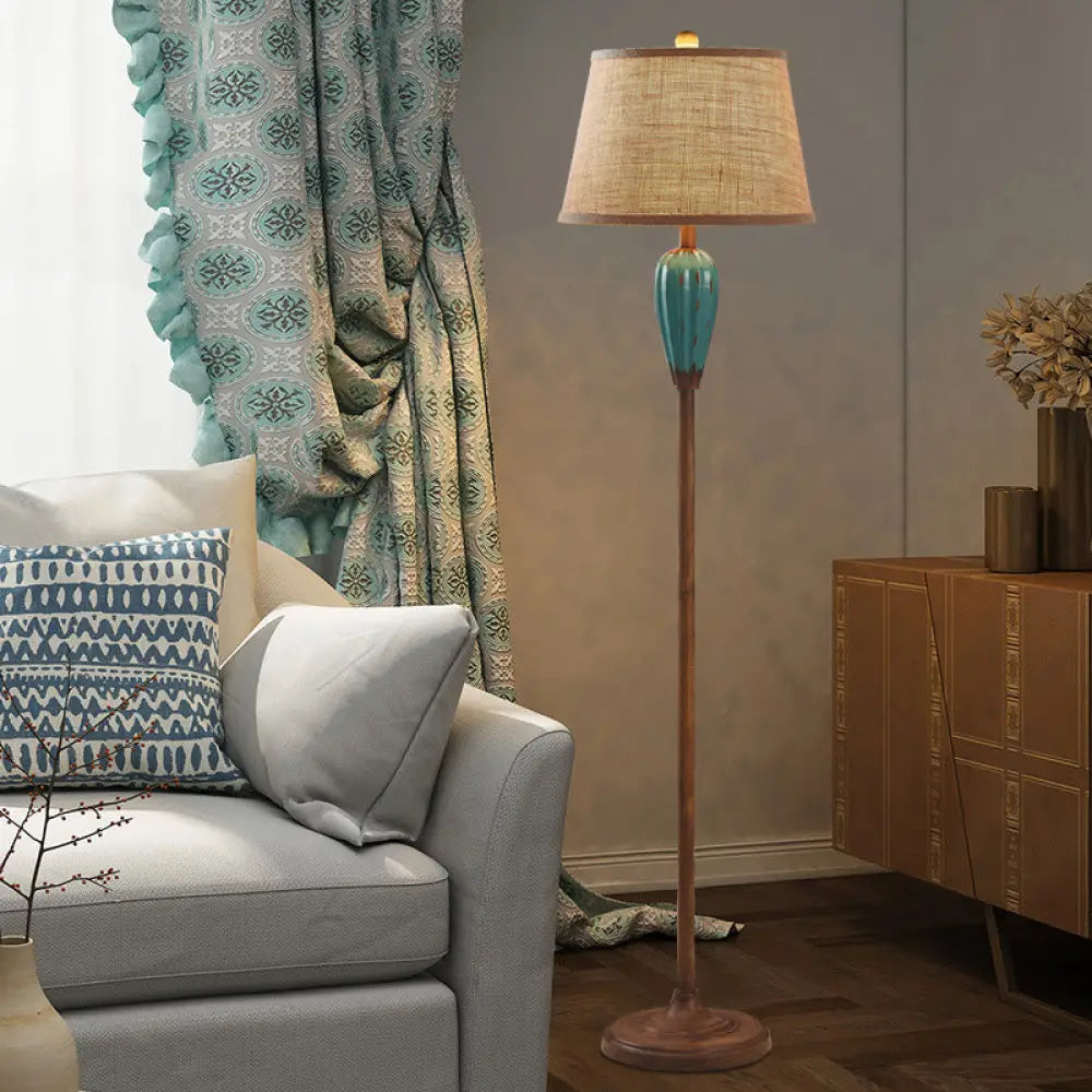 Retro Porcelain Urn Shape Floor Lamp With Fabric Shade - Red/Blue Blue