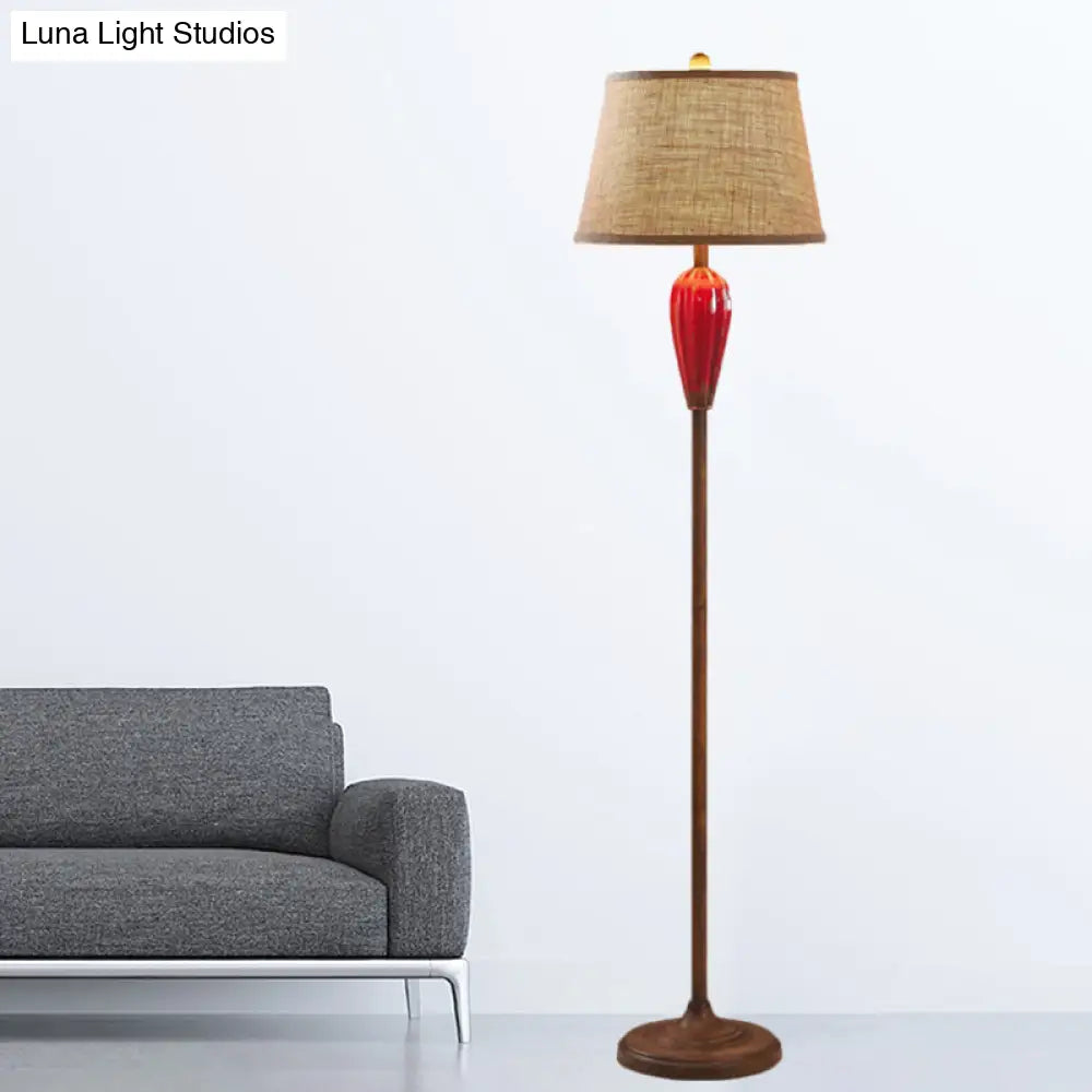 Retro Porcelain Urn Shape Floor Lamp With Fabric Shade - Red/Blue