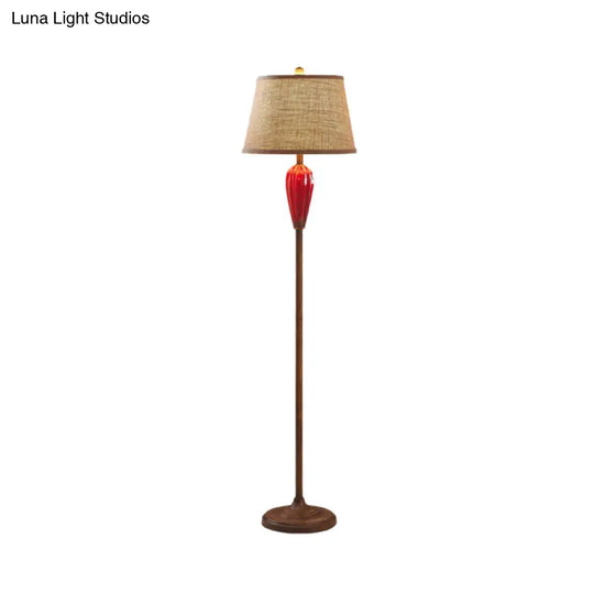 Retro Porcelain Urn Shape Floor Lamp With Fabric Shade - Red/Blue