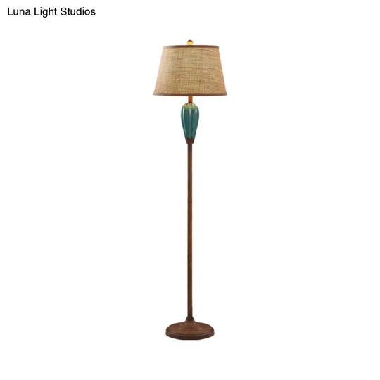 Retro Porcelain Urn Shape Floor Lamp With Fabric Shade - Red/Blue