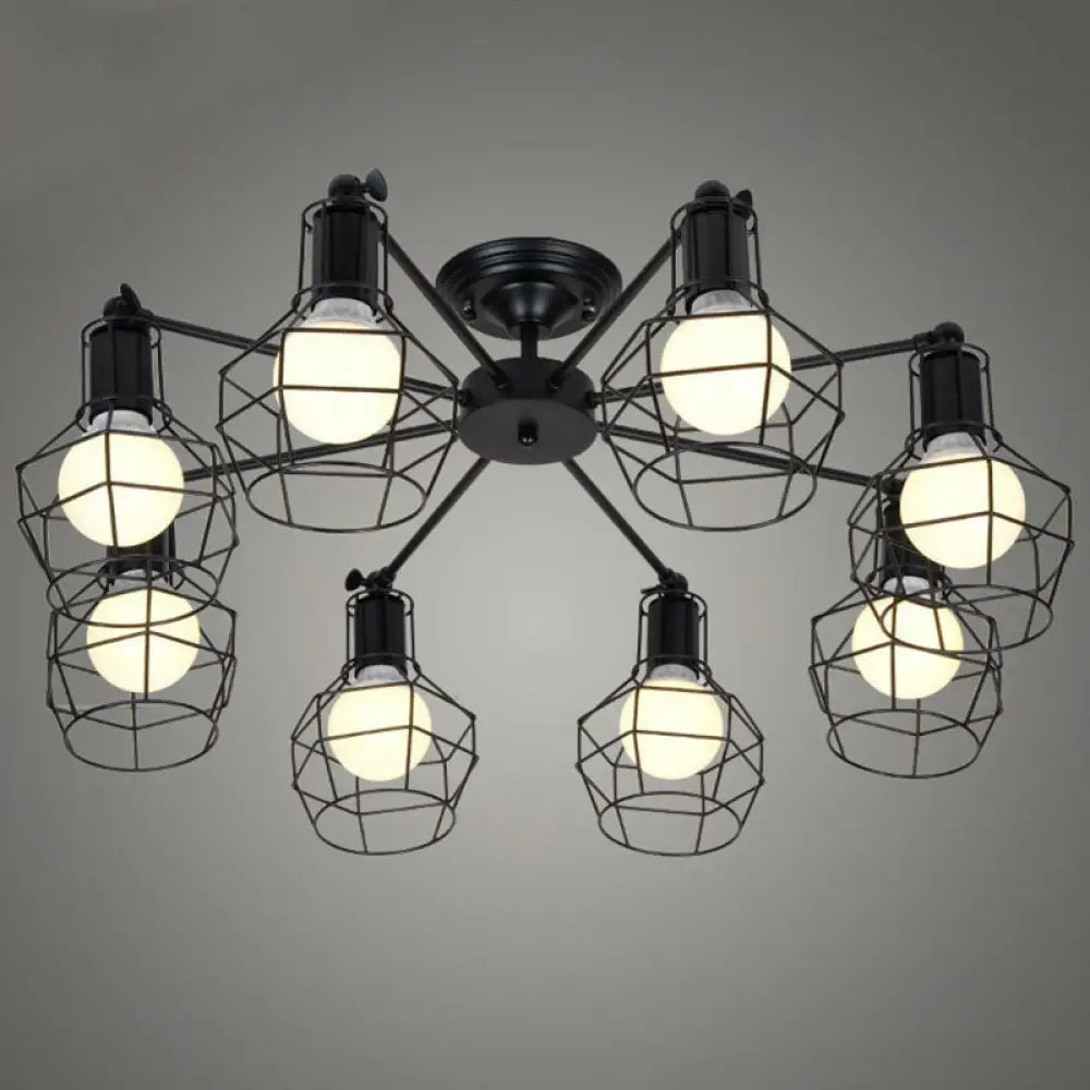 Retro Radial Iron Pendant Light With 8 Bulbs For Barbershop In Black / Circle