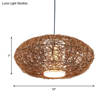 Retro Rattan Woven Pendant Light Kit For Tearoom With Brown Suspension And 1 Bulb