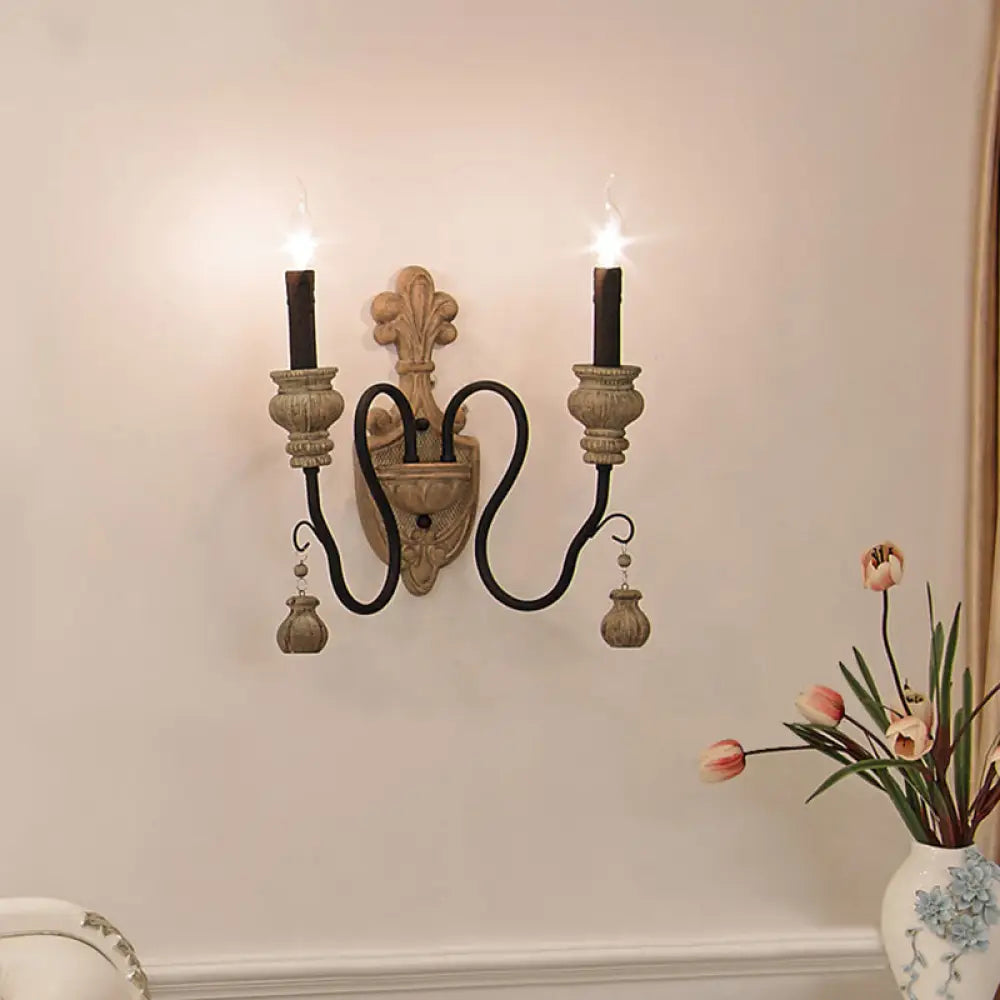 Retro Resin Candelabra Wall Lamp With Curved Arm In Black-Gold For Living Room 2 /