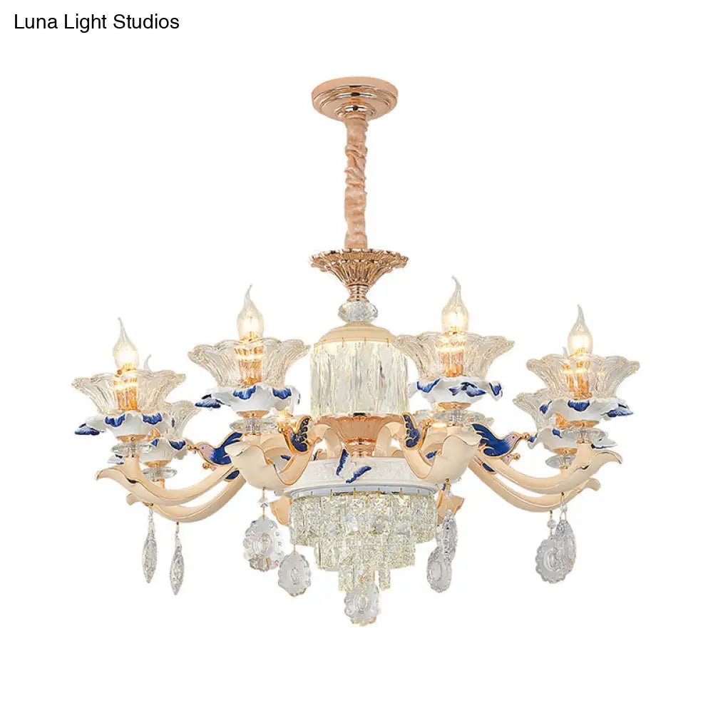Retro Ribbed Glass Suspension Light With Crystal Draping In White - Perfect For Living Rooms