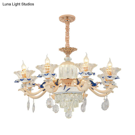 Retro Ribbed Glass Suspension Light With Crystal Draping In White - Perfect For Living Rooms