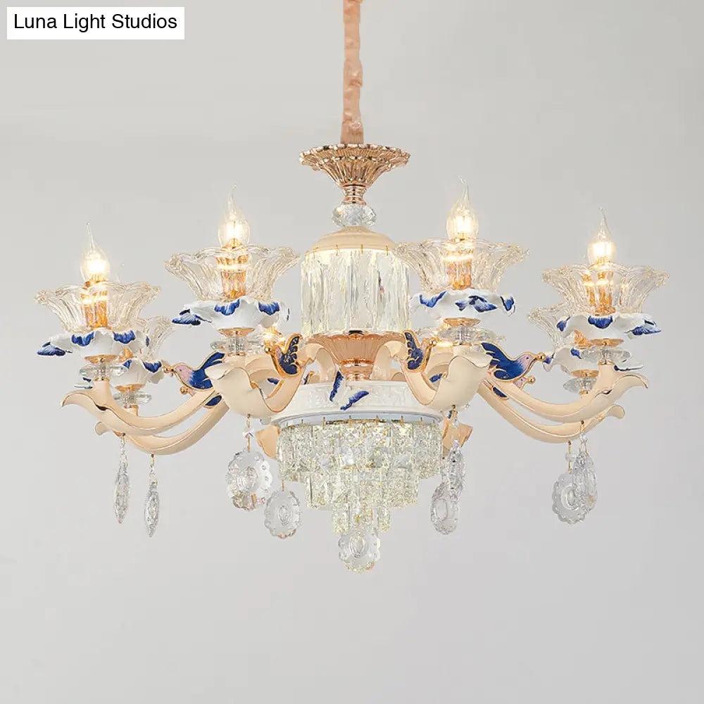 Retro Ribbed Glass Suspension Light With Crystal Draping In White - Perfect For Living Rooms