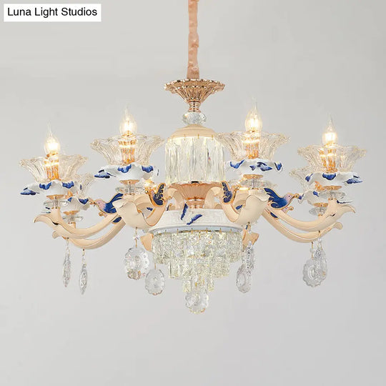 Retro Ribbed Glass Suspension Light With Crystal Draping In White - Perfect For Living Rooms