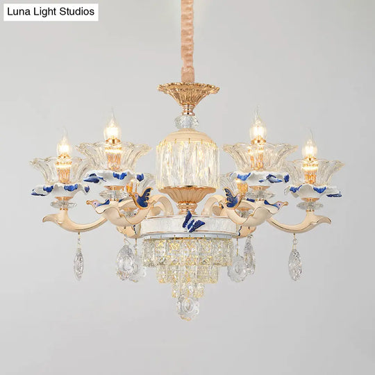 Retro Ribbed Glass Suspension Light With Crystal Draping In White - Perfect For Living Rooms