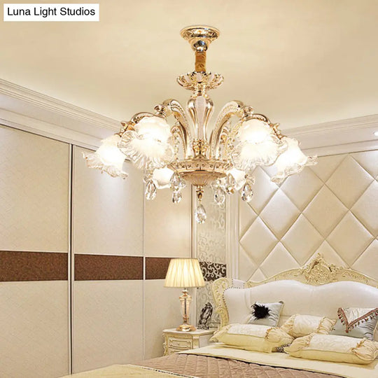 Retro Ruffled Bell Glass Chandelier With Hanging Crystal In Gold