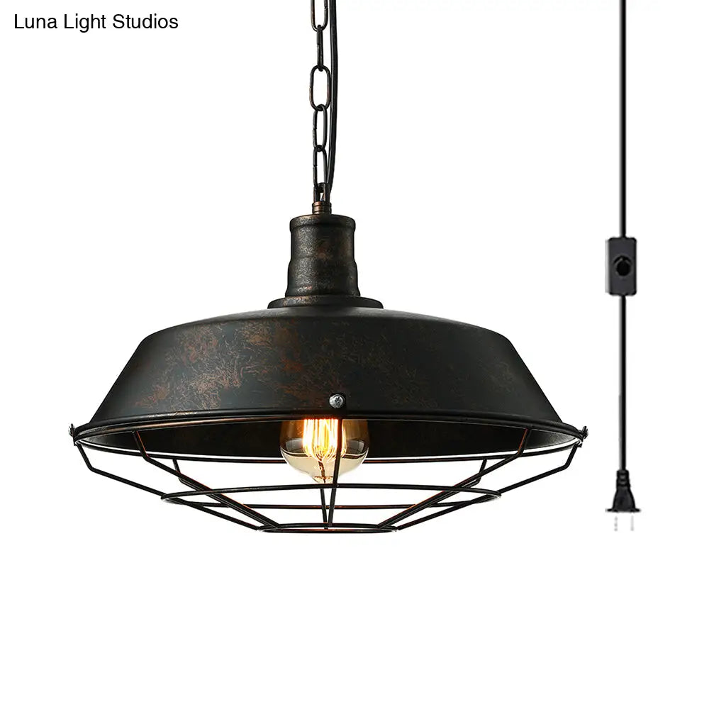 Rust Finish Retro Barn Pendant Lamp With Wire Guard - Ideal For Living Room Ceilings