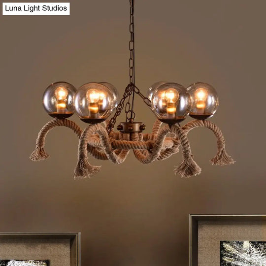 Retro Rust Finish Chandelier - 6 Lights Global Lighting Rope Suspension Smoke Grey Glass Shade