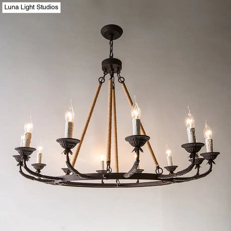 Retro Rustic Candelabra Chandelier With Hemp Rope Cord - Perfect For Living Room Pendant Lighting
