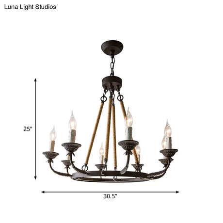 Retro Rustic Candelabra Chandelier With Hemp Rope Cord - Perfect For Living Room Pendant Lighting